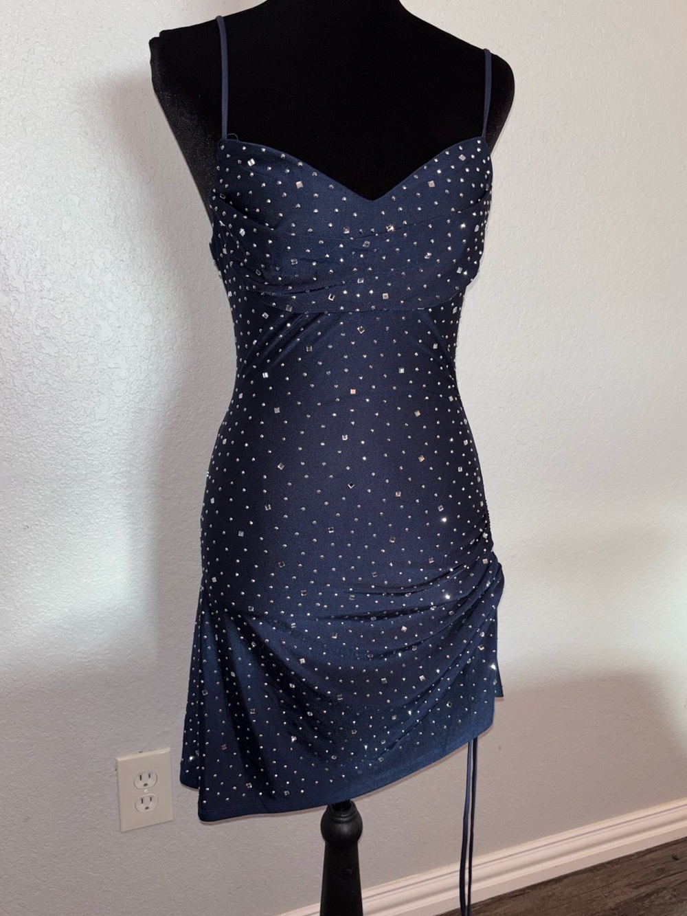 Windsor Rhinestone Navy Blue Mini Dress Adj Ruched Drawstring Slit NWT Club Bday